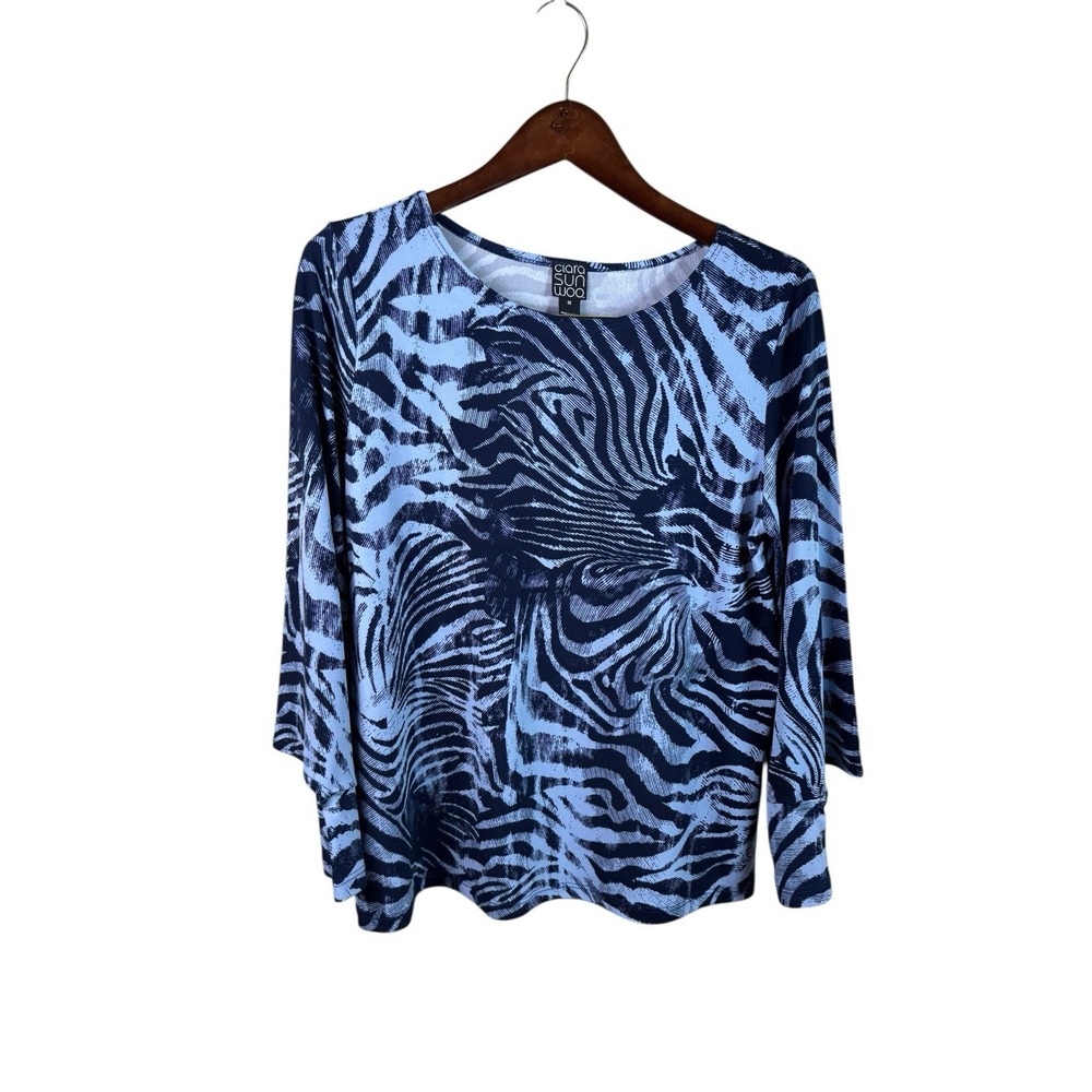 Clara Sun Woo Women's Navy L Print Top Batwing Sleeves Lagenlook Medium